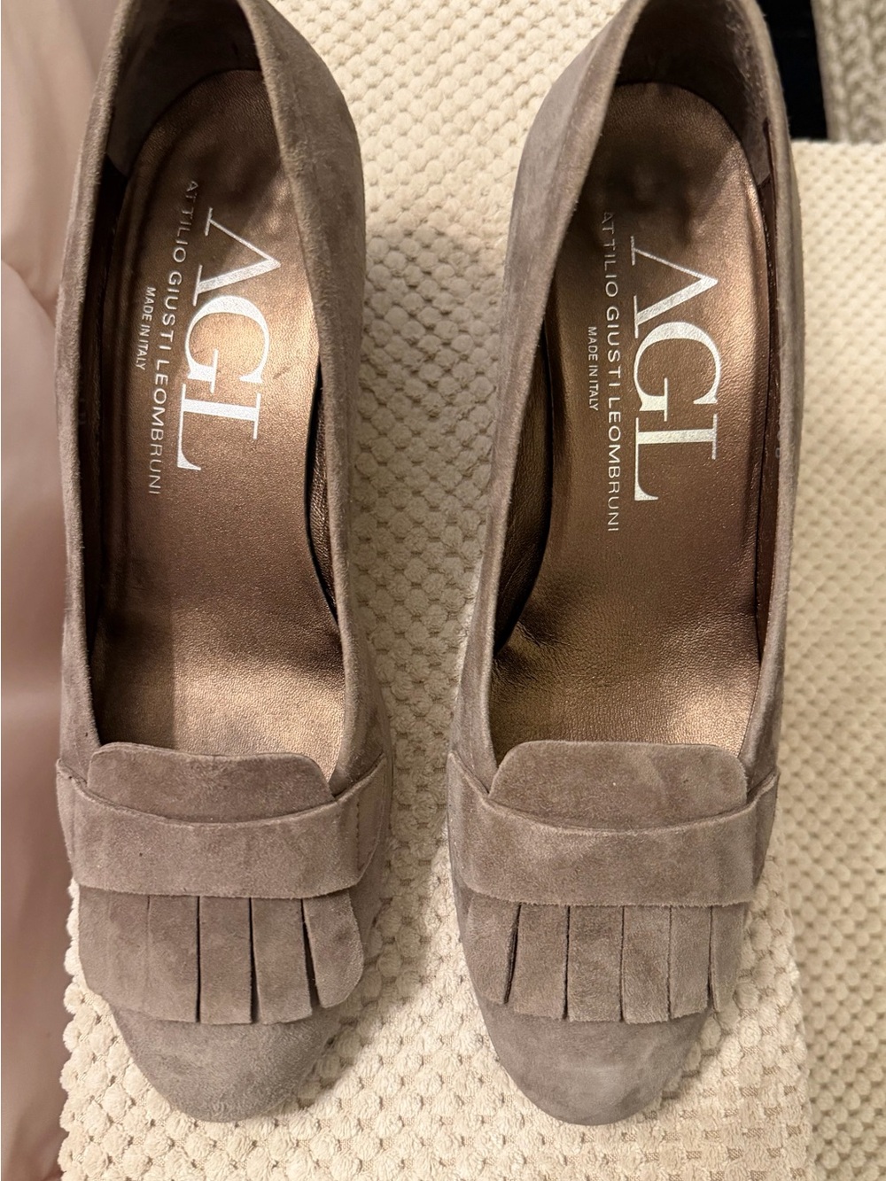 AGL Taupe Suede Loafer Pumps with 2 inch block heel - Size 38/8